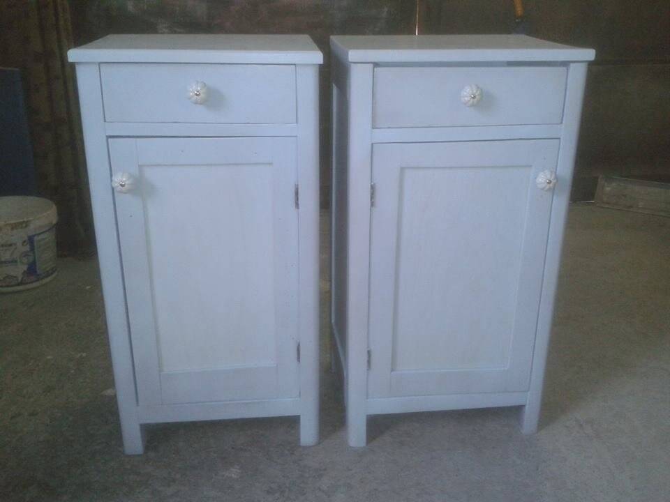 Pair of vintage blue painted wooden bedside tables, Germany 1950s, with drawer and door.