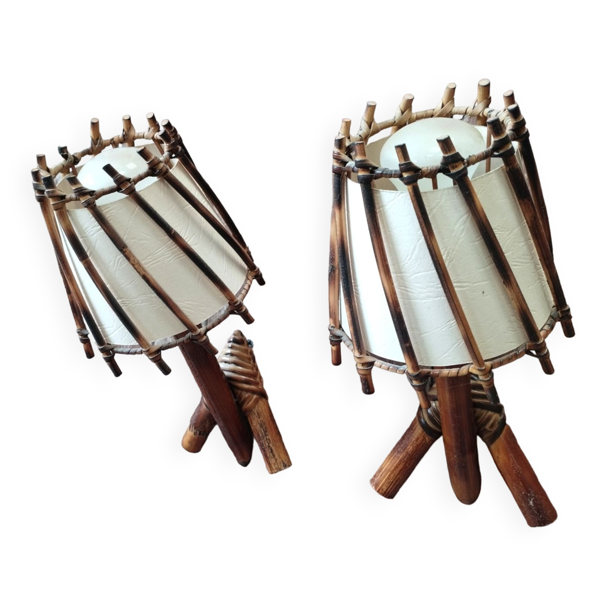 Pair of vintage rattan and bamboo wall lights