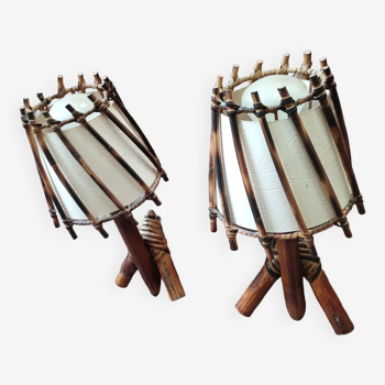 Pair of vintage rattan and bamboo wall lights