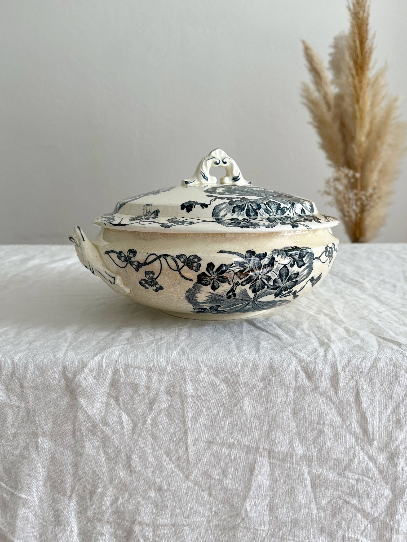 Small old vegetable soup tureen in iron earth "Les Violettes" Salins
