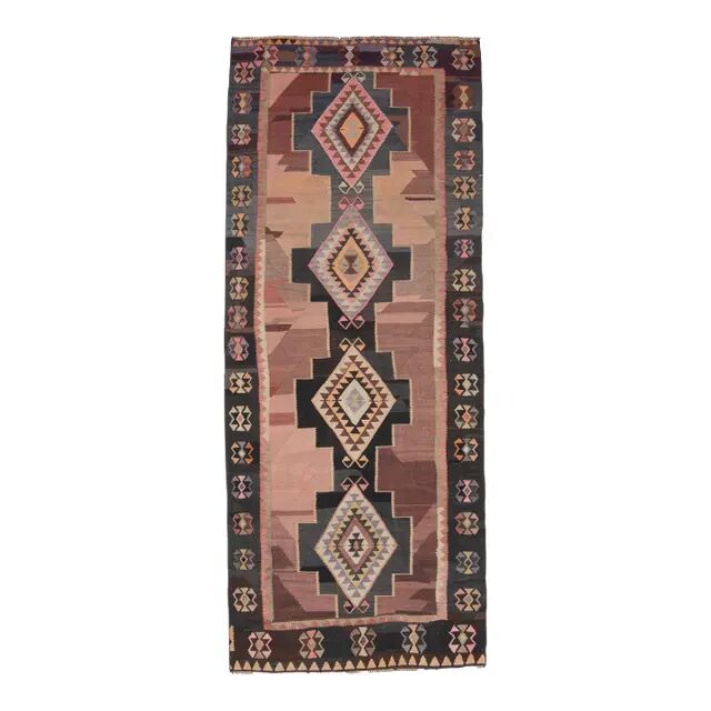 70's Brown Turkish Oushak Handmade Wool Geometric Motif Runner Rug 123x293