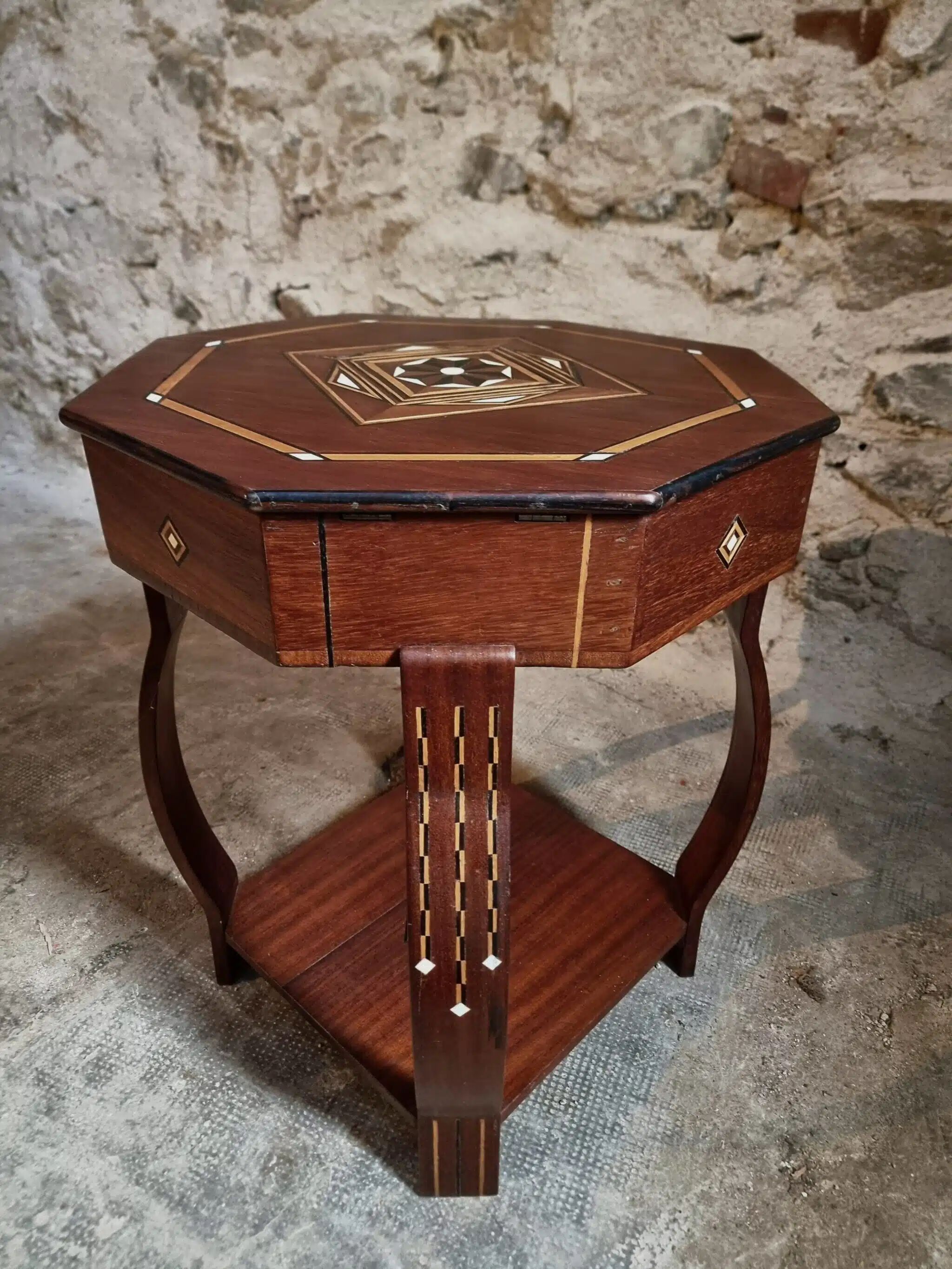 Table d'appoint incrustée, table à couture, bois d'acajou, table de rangement Art déco