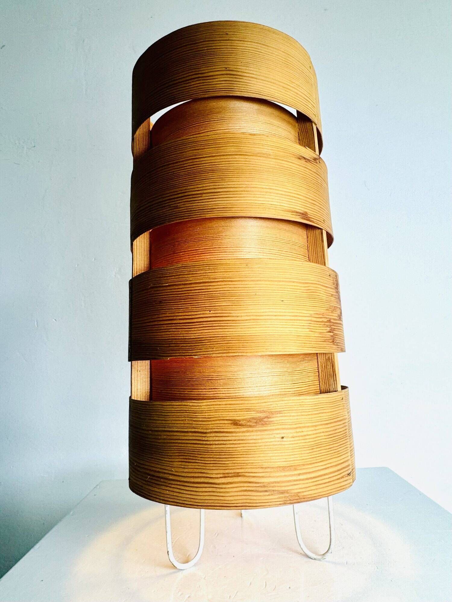 Large Cylindrical Pine Veneer Table Lamp By Hans-Agne Jakobsson For Ab Ellysett, Sweden 1960S