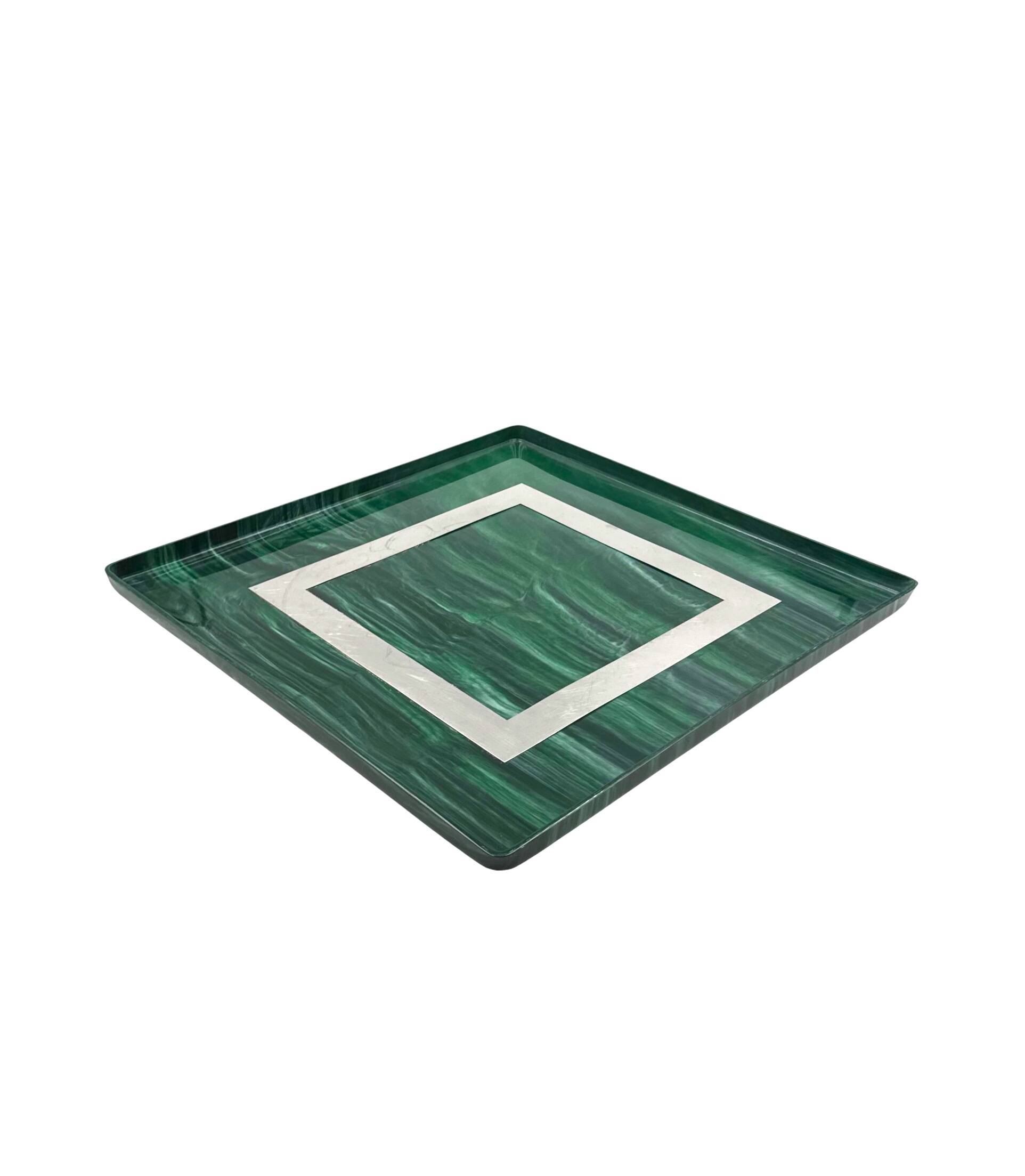 Hollywood regency malachite effect resin & brass tray, Italy 1970s