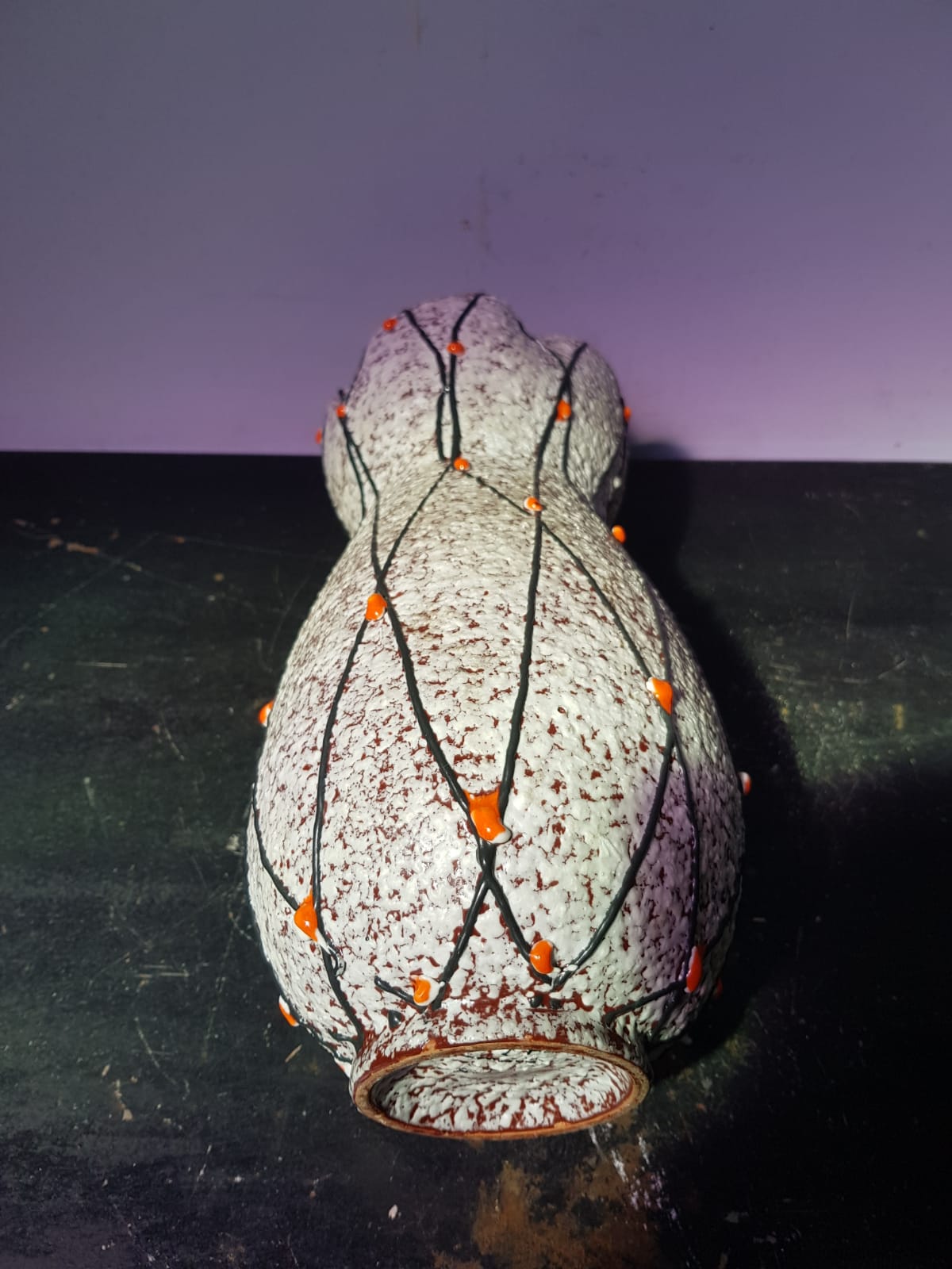 Ancient ceramic vase grey decor black, orange interior vintage green