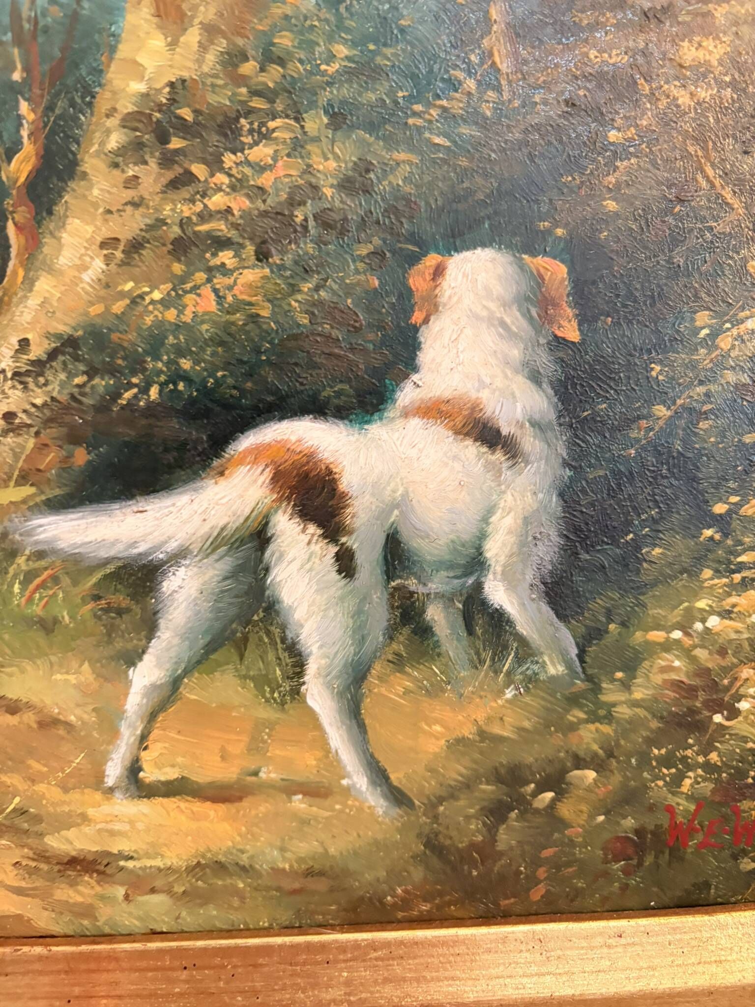 Tableau Peinture Huile Panneau HSP EDWARD WEBB Chasse Cour Chien Forêt