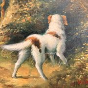 Tableau Peinture Huile Panneau HSP EDWARD WEBB Chasse Cour Chien Forêt