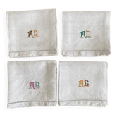 Serviettes de table brodées main, mono MG,  jours Venise - 57x54 cm - lin