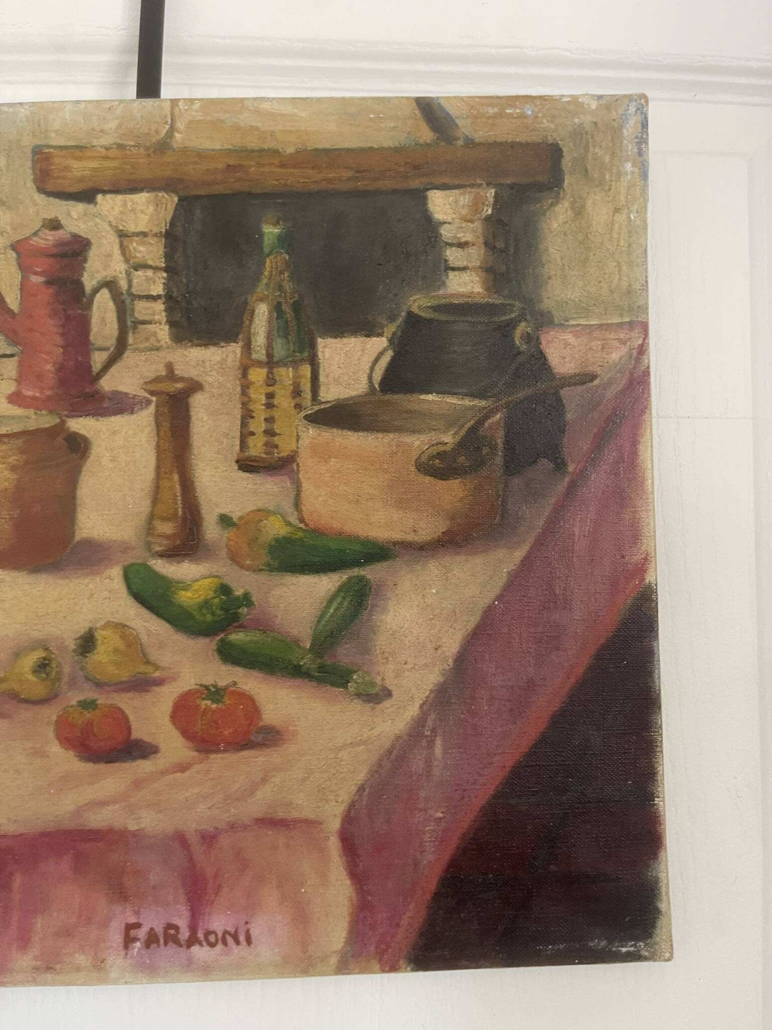 Old oil painting canvas still life kitchen fireplace faraoni
