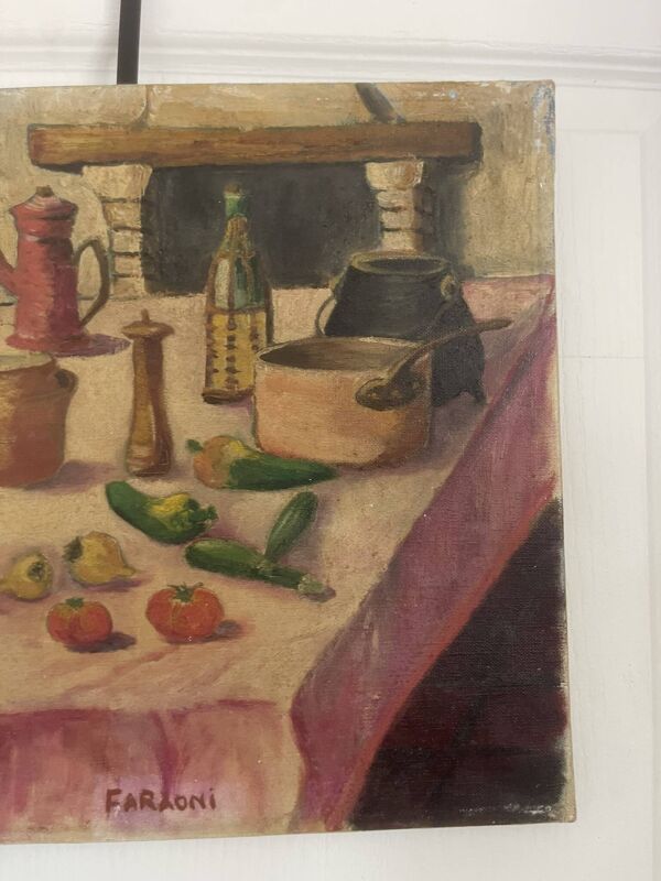 Ancien tableau peinture huile toile nature morte cuisine cheminée faraoni