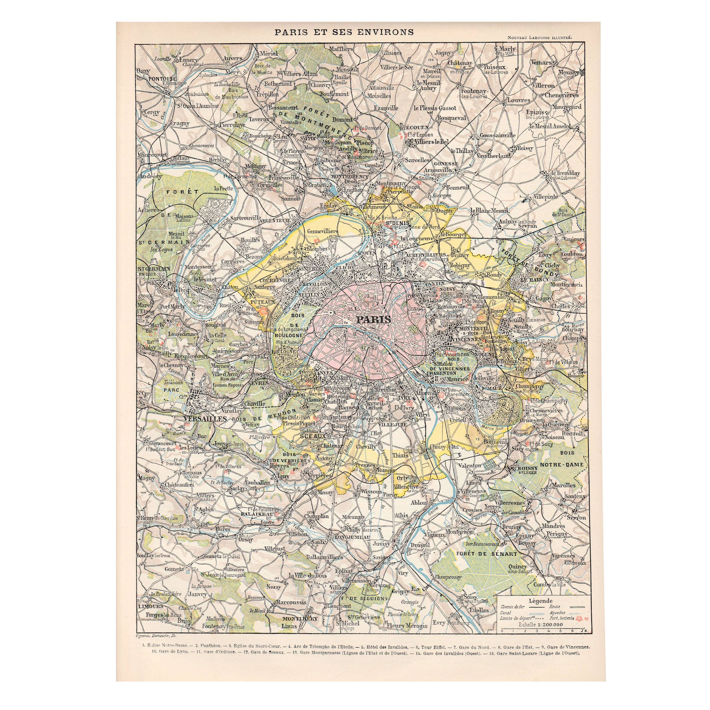 Old map of Paris and its surroundings late 19th century