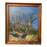 Old painting forest tree oil on canvas