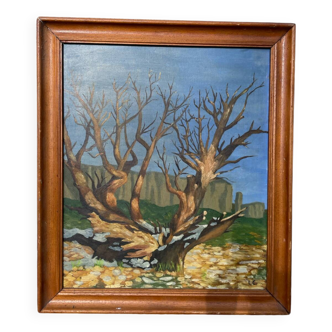 Old painting forest tree oil on canvas