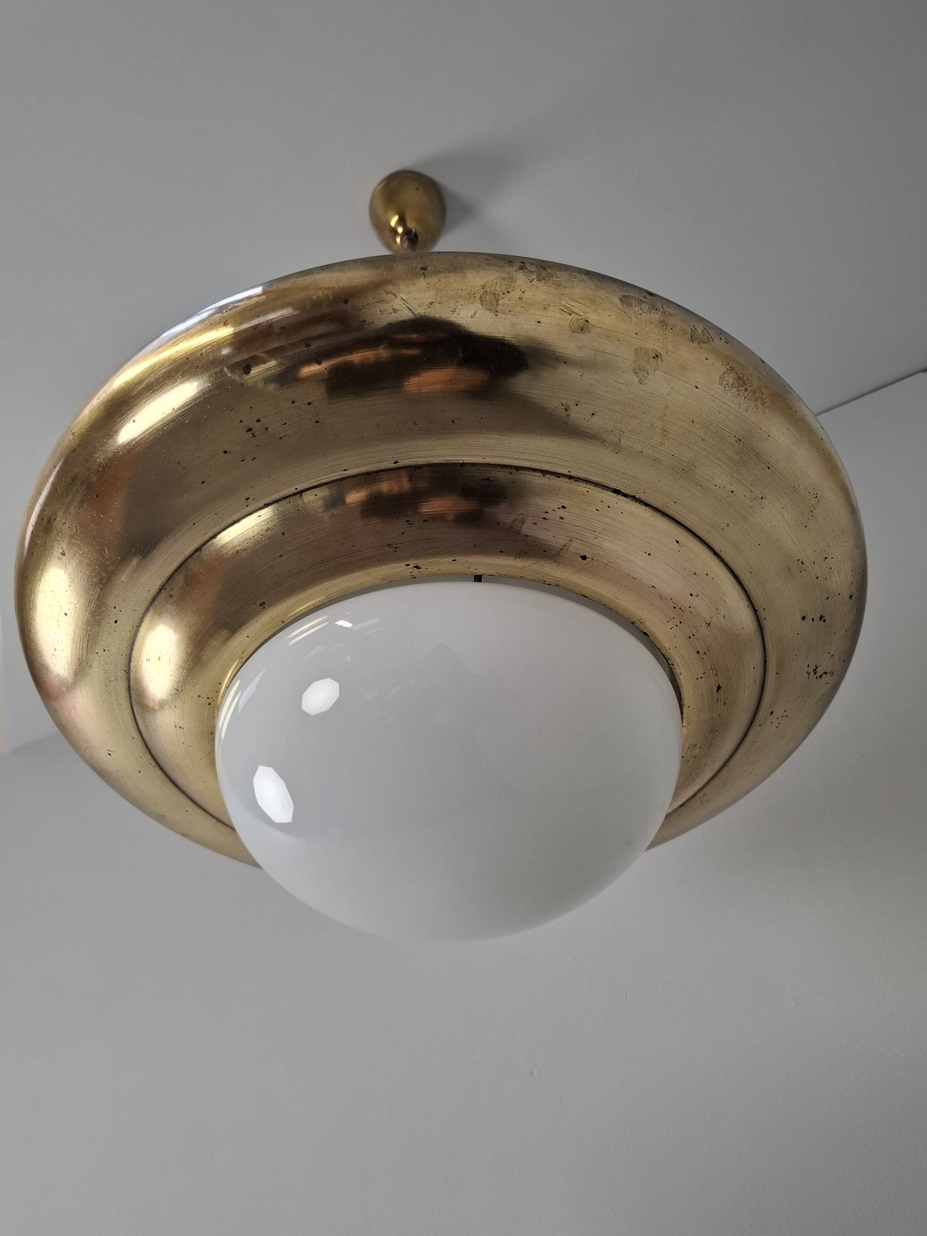 1920 Czechoslovak Art Deco Brass and Opaline Glass Pendant Lamp, Napako 134