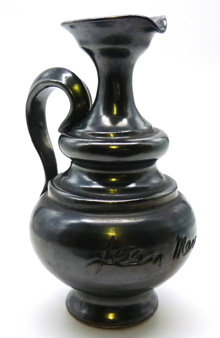 Vase pitcher, glazed ceramic in metallic black signed Jean Marais Vallauris.