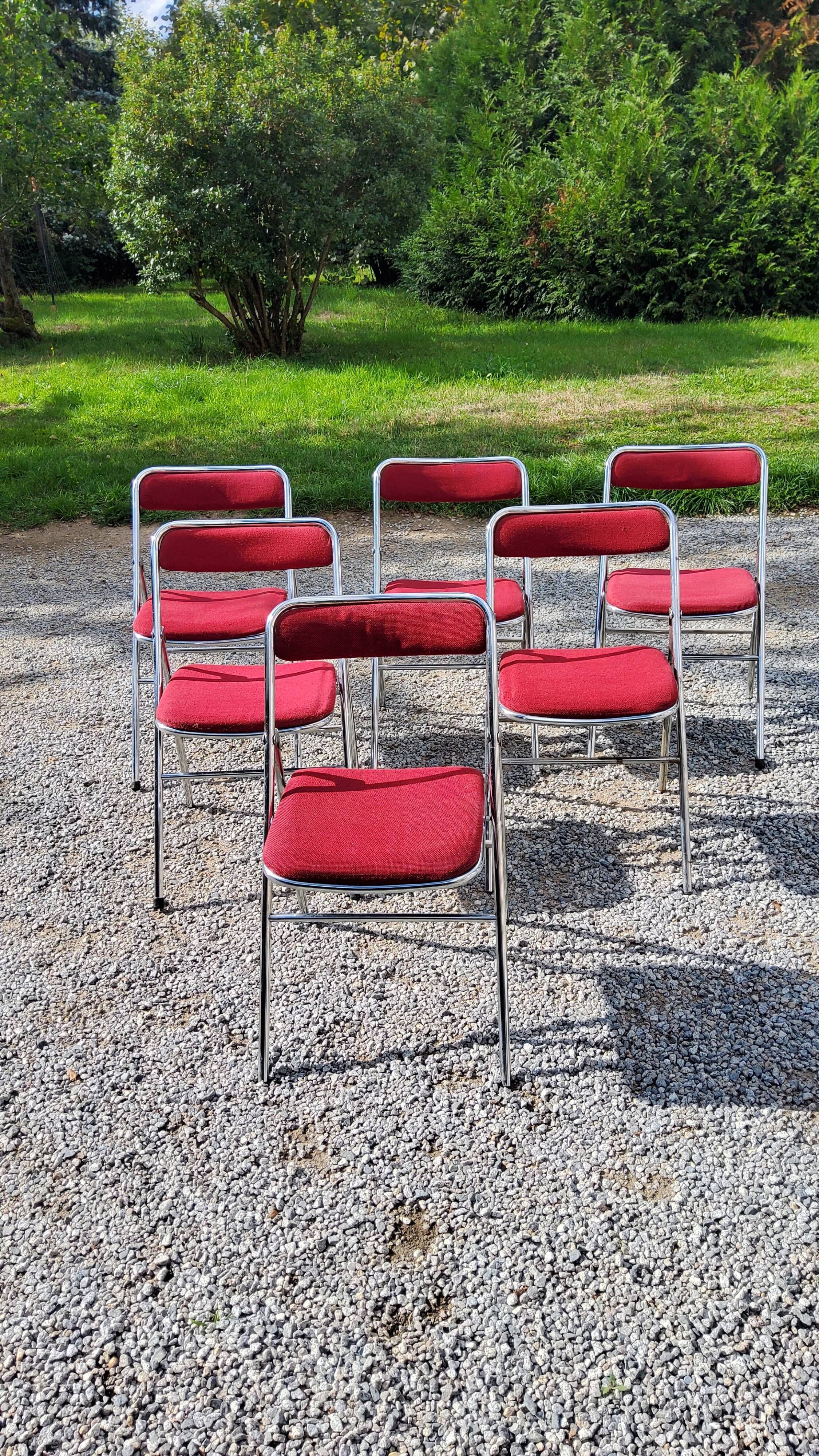 Set of 6 folding chairs from the 70s tweed and chrome metal