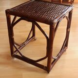 Small side table on rolls made of rattan, bamboo and wood, handmade Vintage