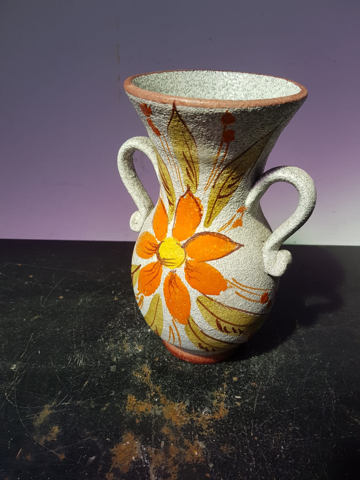 Old vase with enamelled ceramic coves décor flowers made in italy vintage