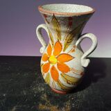 Old vase with enamelled ceramic coves décor flowers made in italy vintage