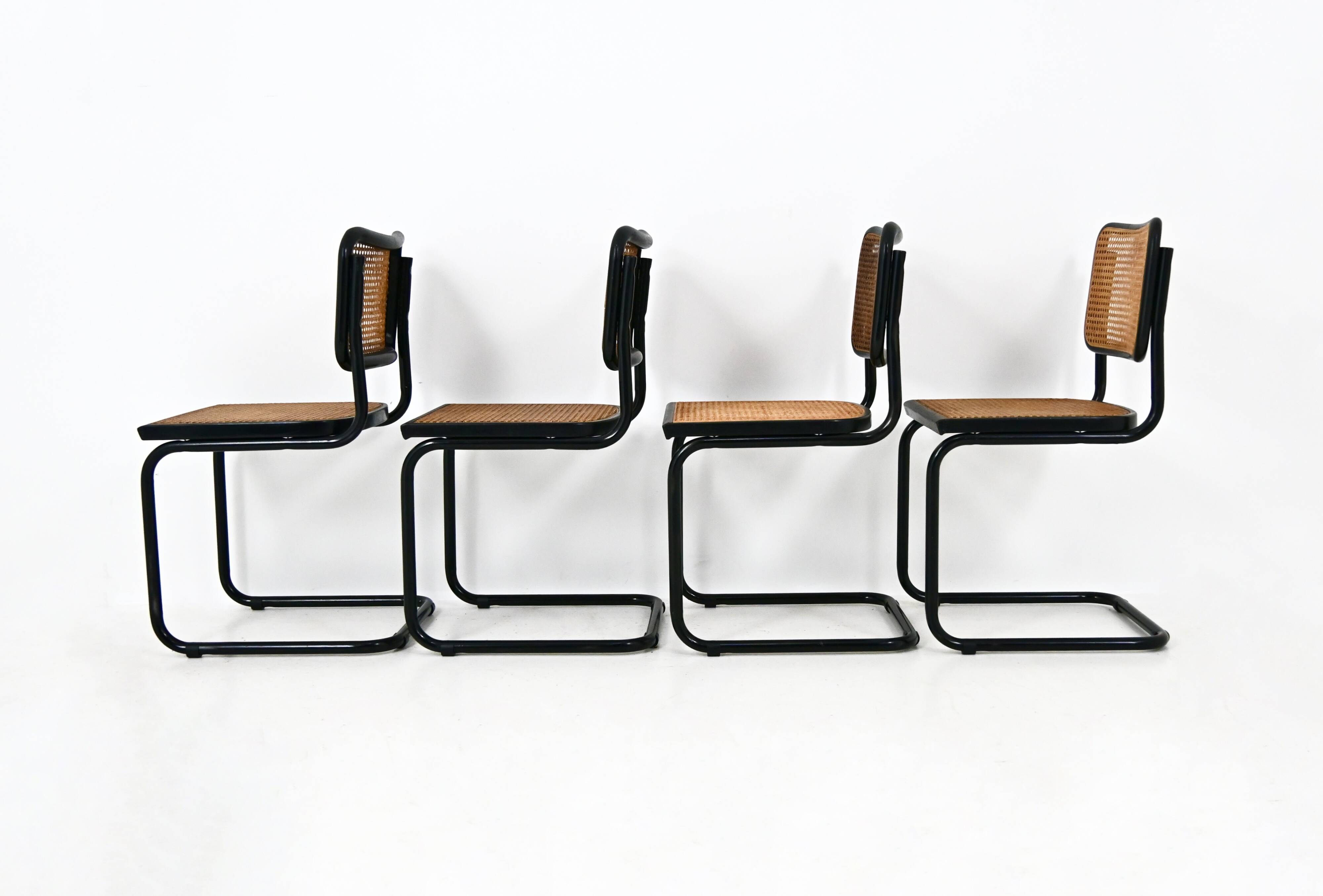 Set of 4 black dining chairs, B32 style by Marcel Breuer.