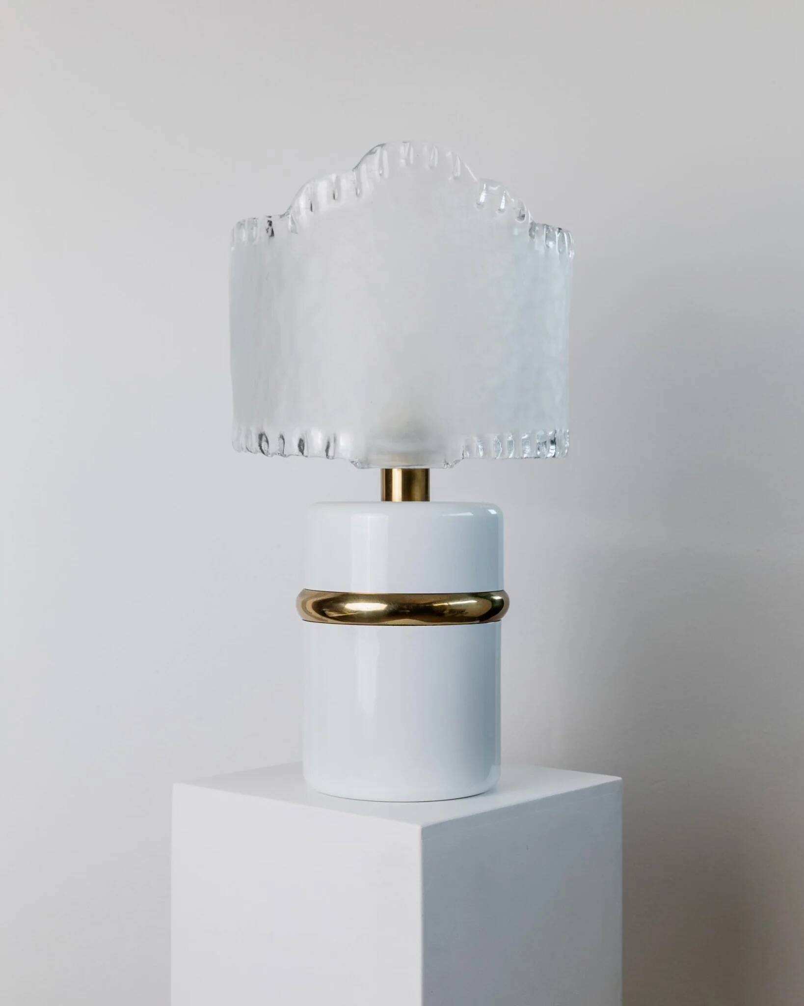 Vintage Murano glass table lamp – white, gold metal base, frosted glass shade – Italy 1980s