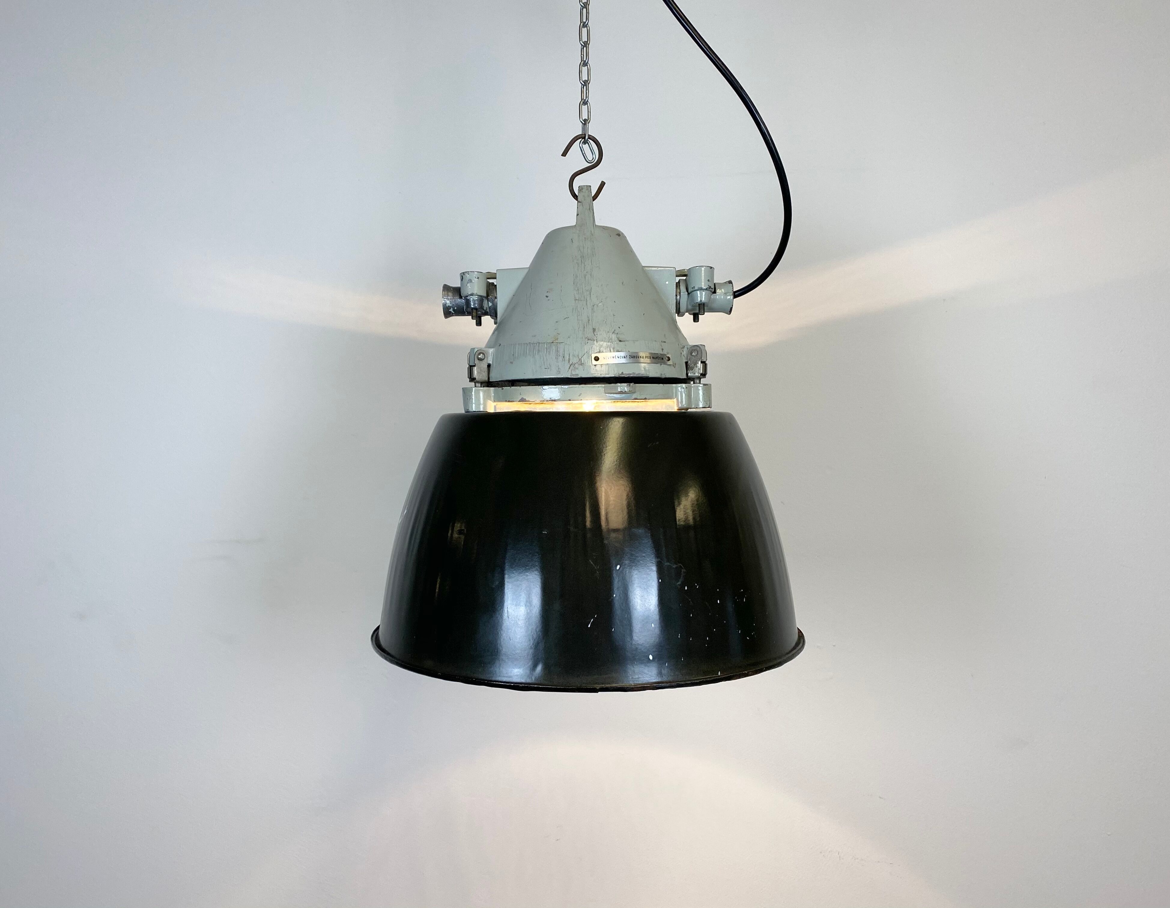 Grey cast aluminium explosion proof lamp with black enameled shade