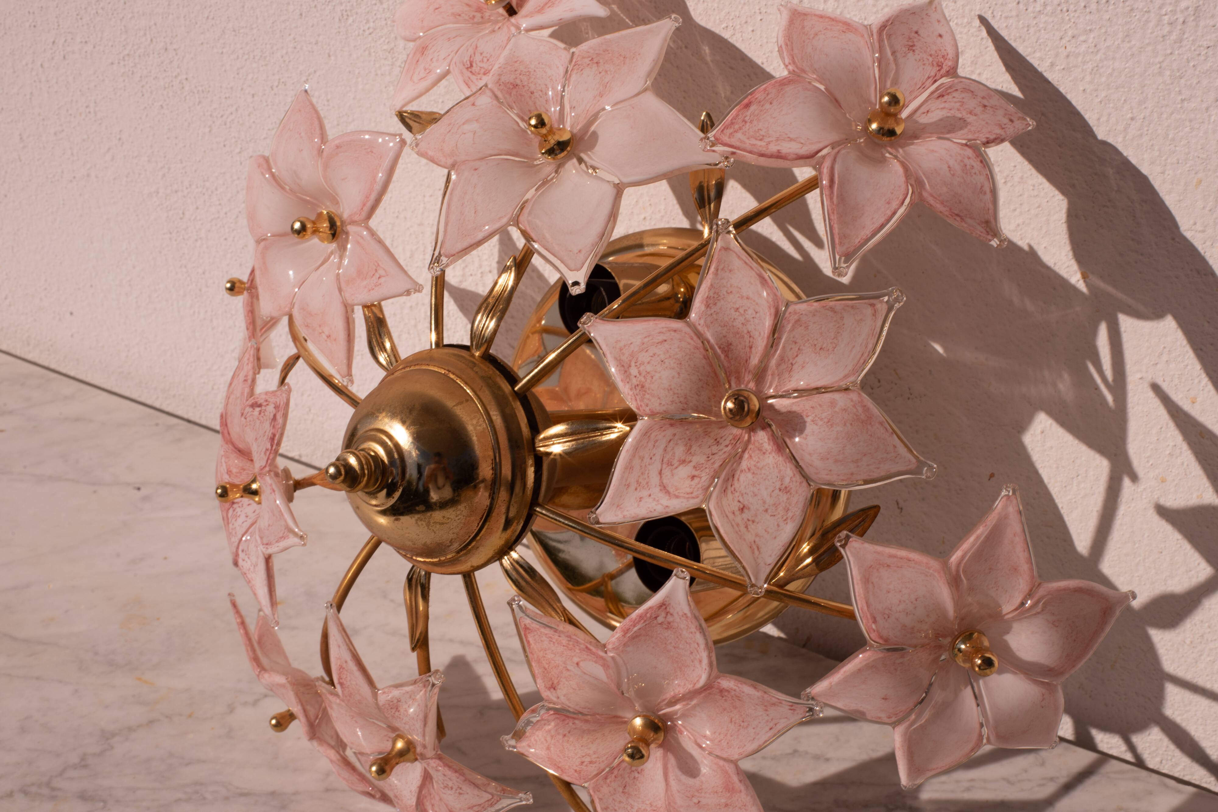 Charming Murano Vintage Ceiling Light Pink Flowers, 1970s