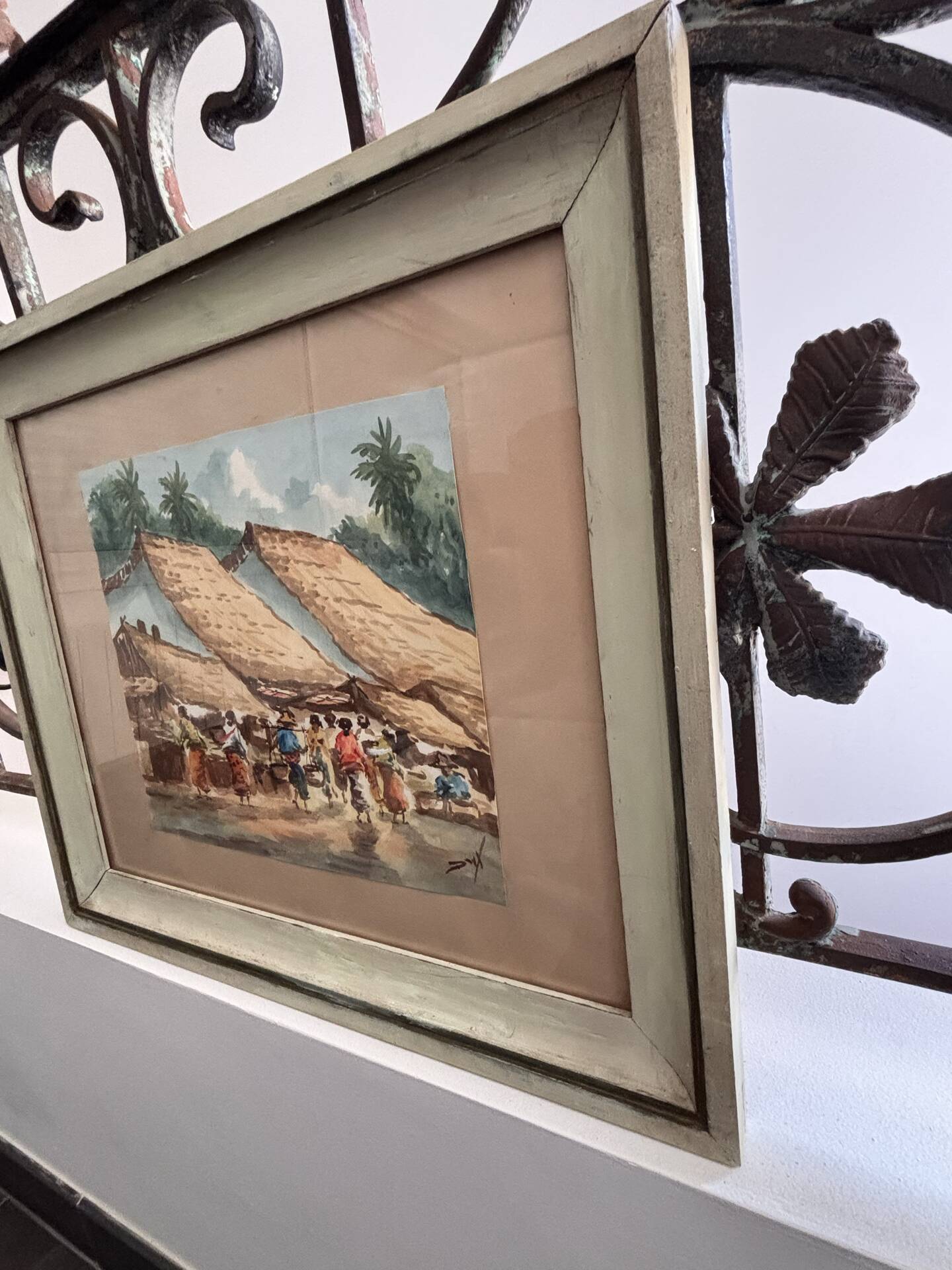 Aquarelle ancienne - Scène de Marché - École d'Indochine v. 1950