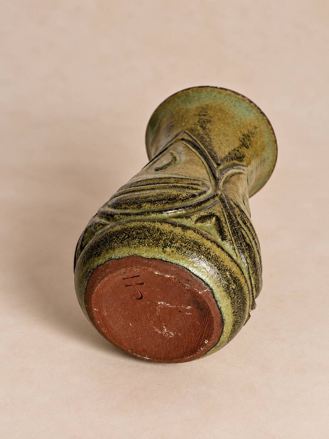 Khaki stoneware vase, wabi-sabi style, brutalist vintage ceramics.