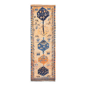 Tapis couloir vintage orange et bleu marine à motifs berbères, 105x339 Cm