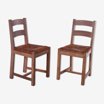 2 chaises en chêne danois avec siège en osier, années 1970