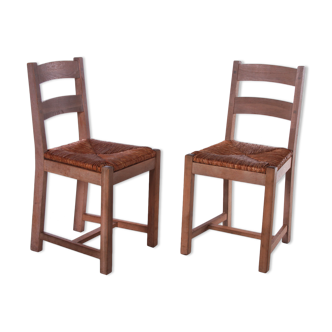 Set 2 Danish oak kitchen chairs with wicker seat, 1970