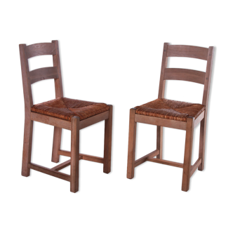 2 chaises en chêne danois avec siège en osier, années 1970