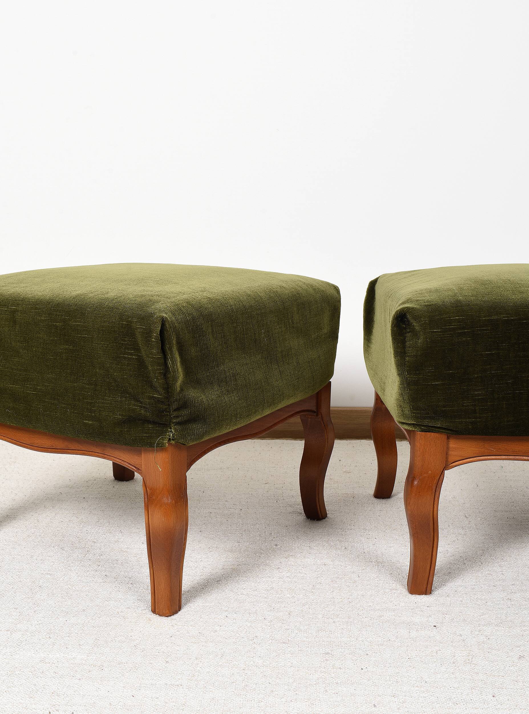 Pair of Pouf, Footrest, in green velvet