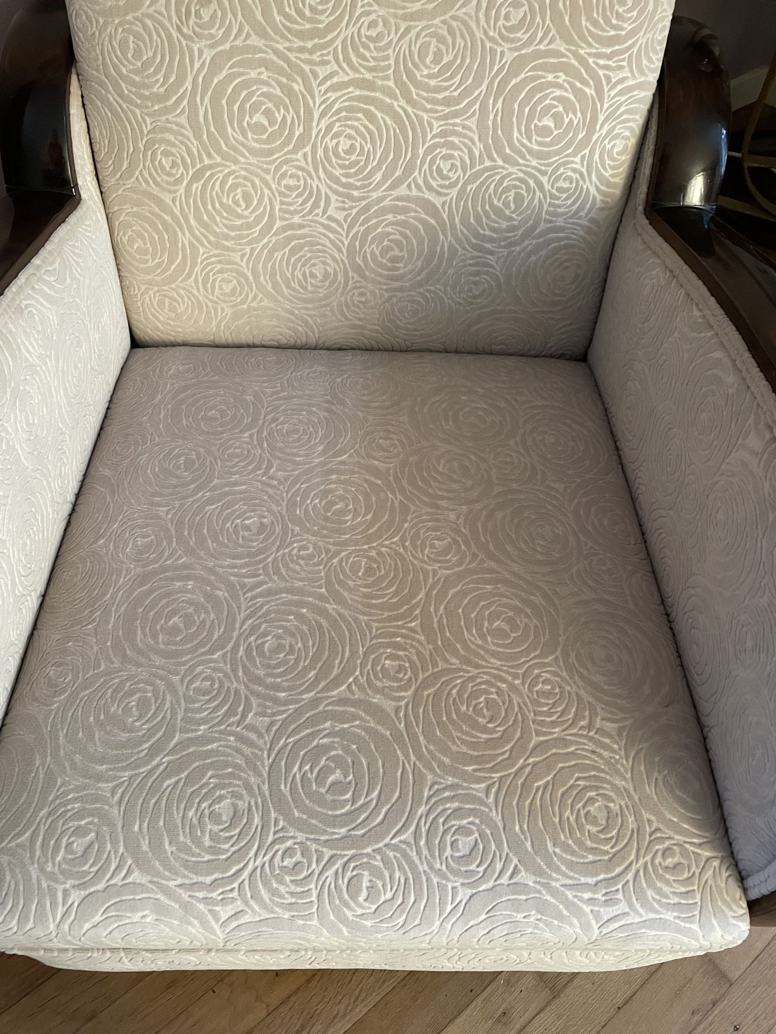 Art-deco convertible armchair in tinted beech and ivory-colored cotton velvet fabric