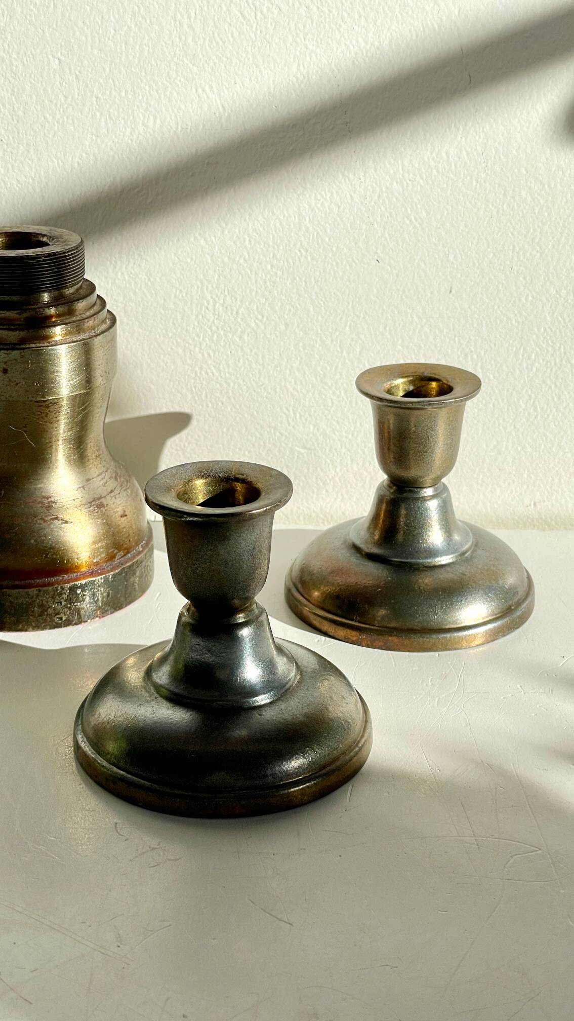 Industrial candle holders steel and silver bronze vintage