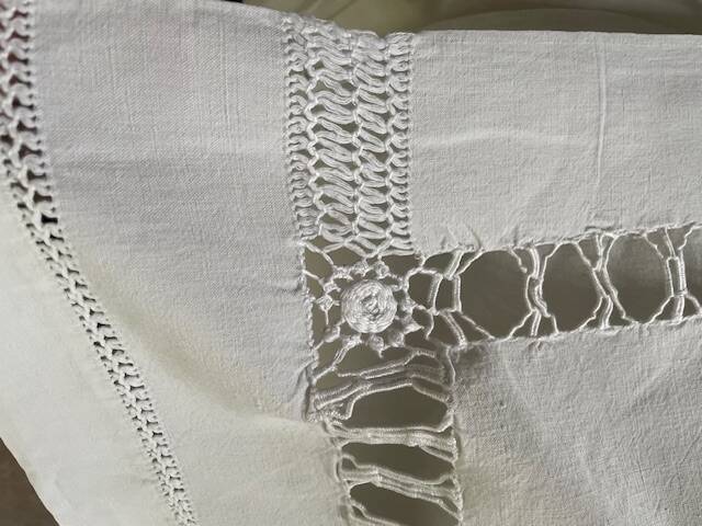 Antique linen-cotton sheet with LR monogram, embroidered