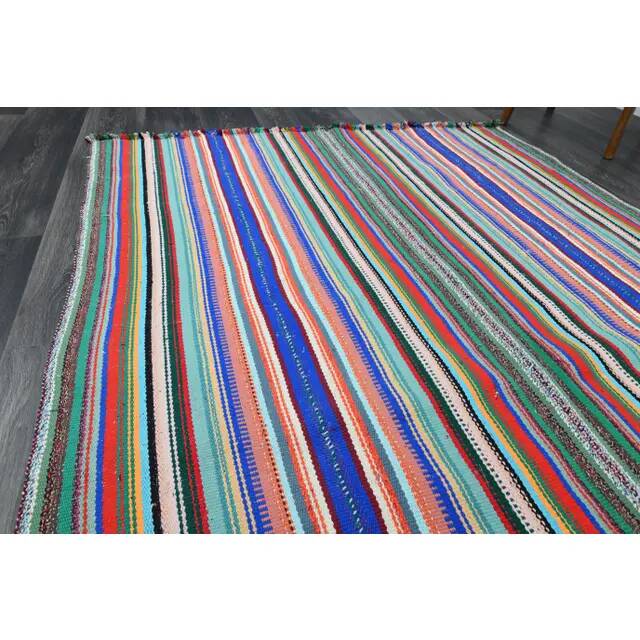Vintage Turkish Oushak Handmade Wool Cotton Blue Pink Runner Rug 158x246