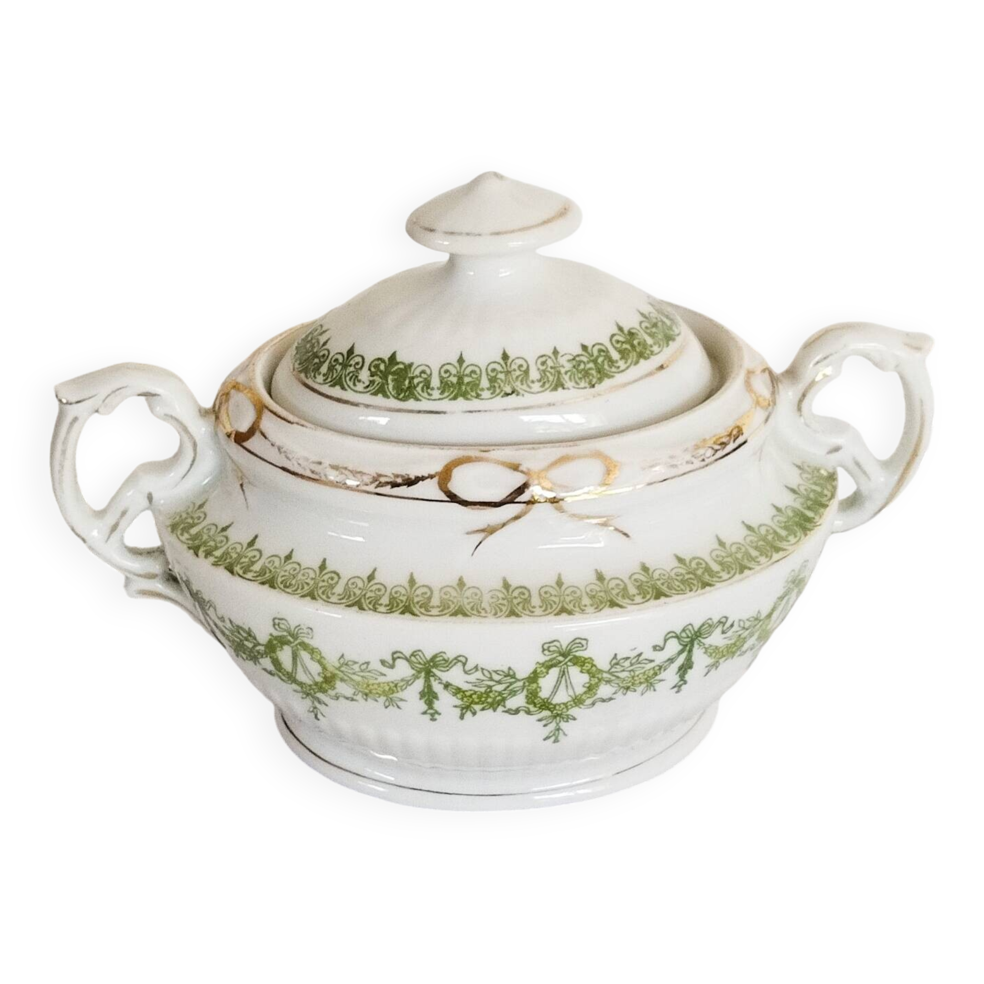Antique green and gold English porcelain sugar bowl