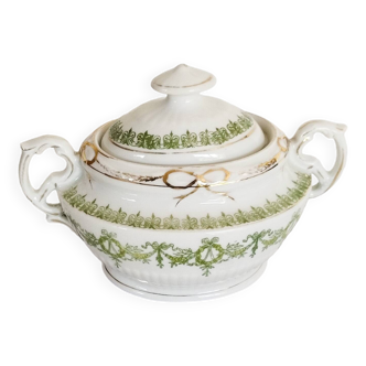 Antique green and gold English porcelain sugar bowl
