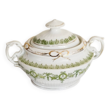 Antique green and gold English porcelain sugar bowl