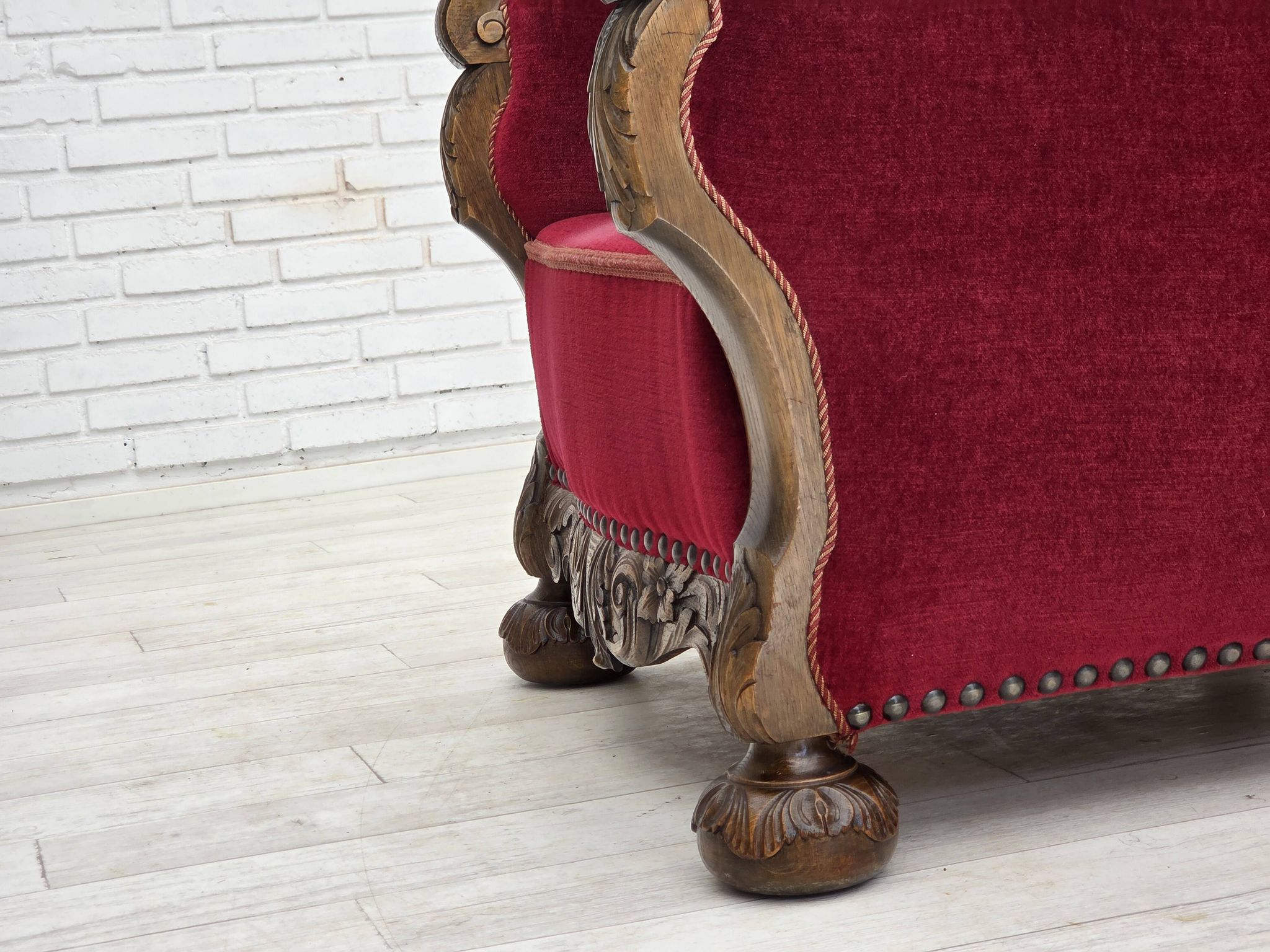 1960s, Danish relax chair, cherry-red furniture velour, oak wood.