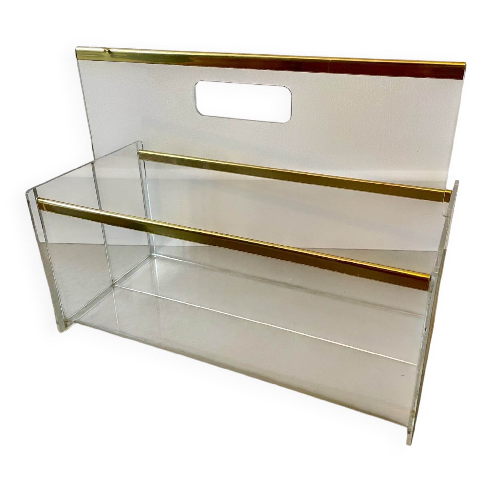 80s Plexiglas and brass magazine rack