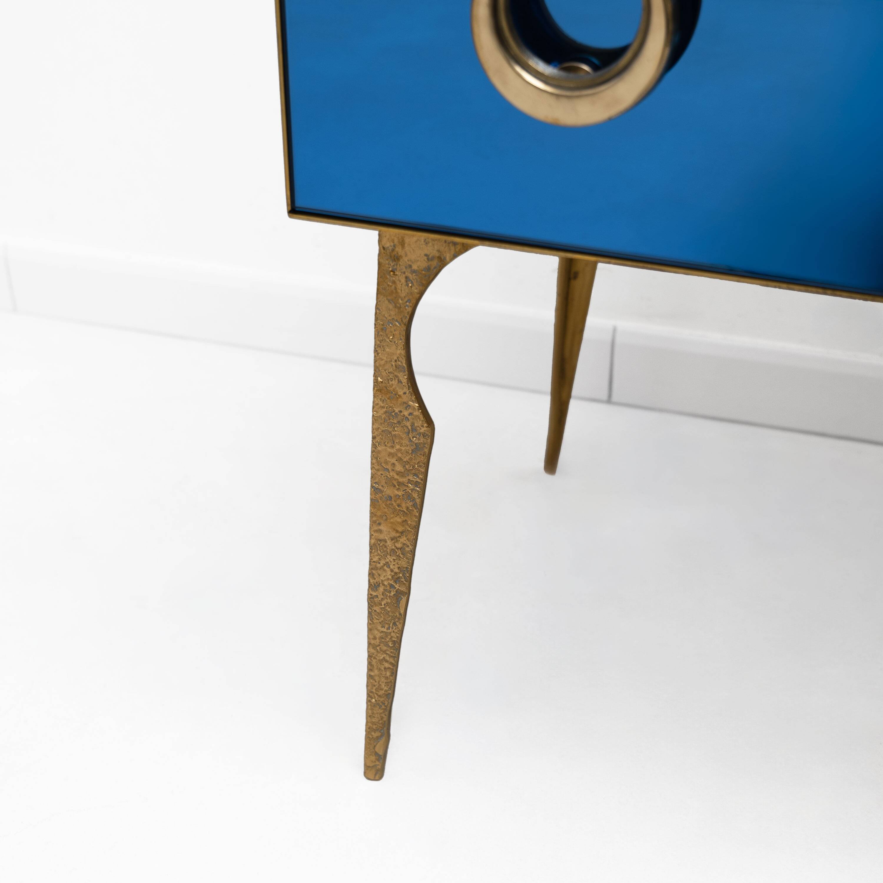 Blue Mirrored Chest of Drawers with Brass Details, Mid-Century Modern Style