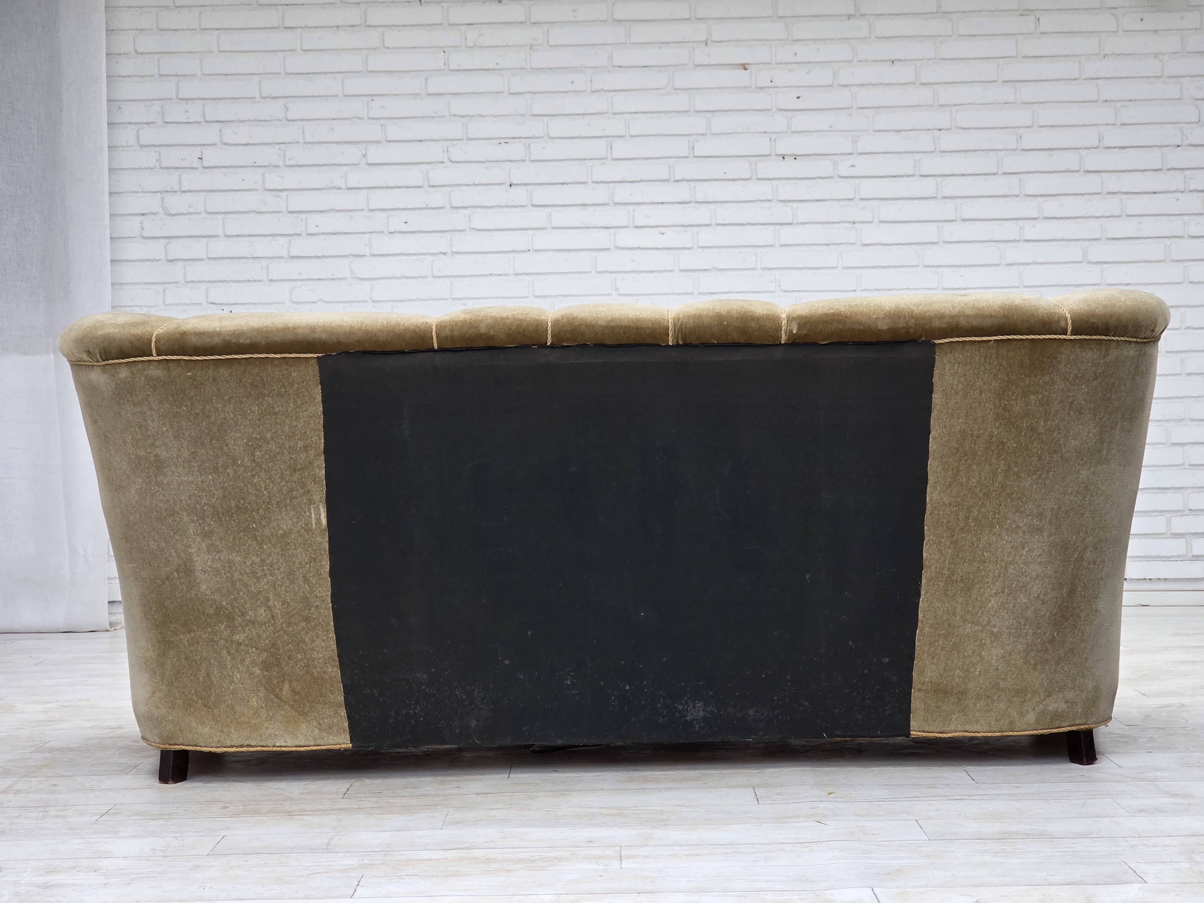 1960s, Danish 3-seater sofa, green furniture velour, oak wood legs.