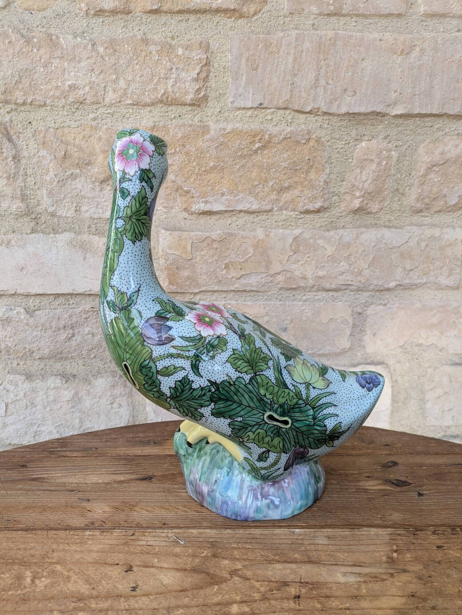 Very beautiful polychrome decorative duck cane statue in Porcelain from Par