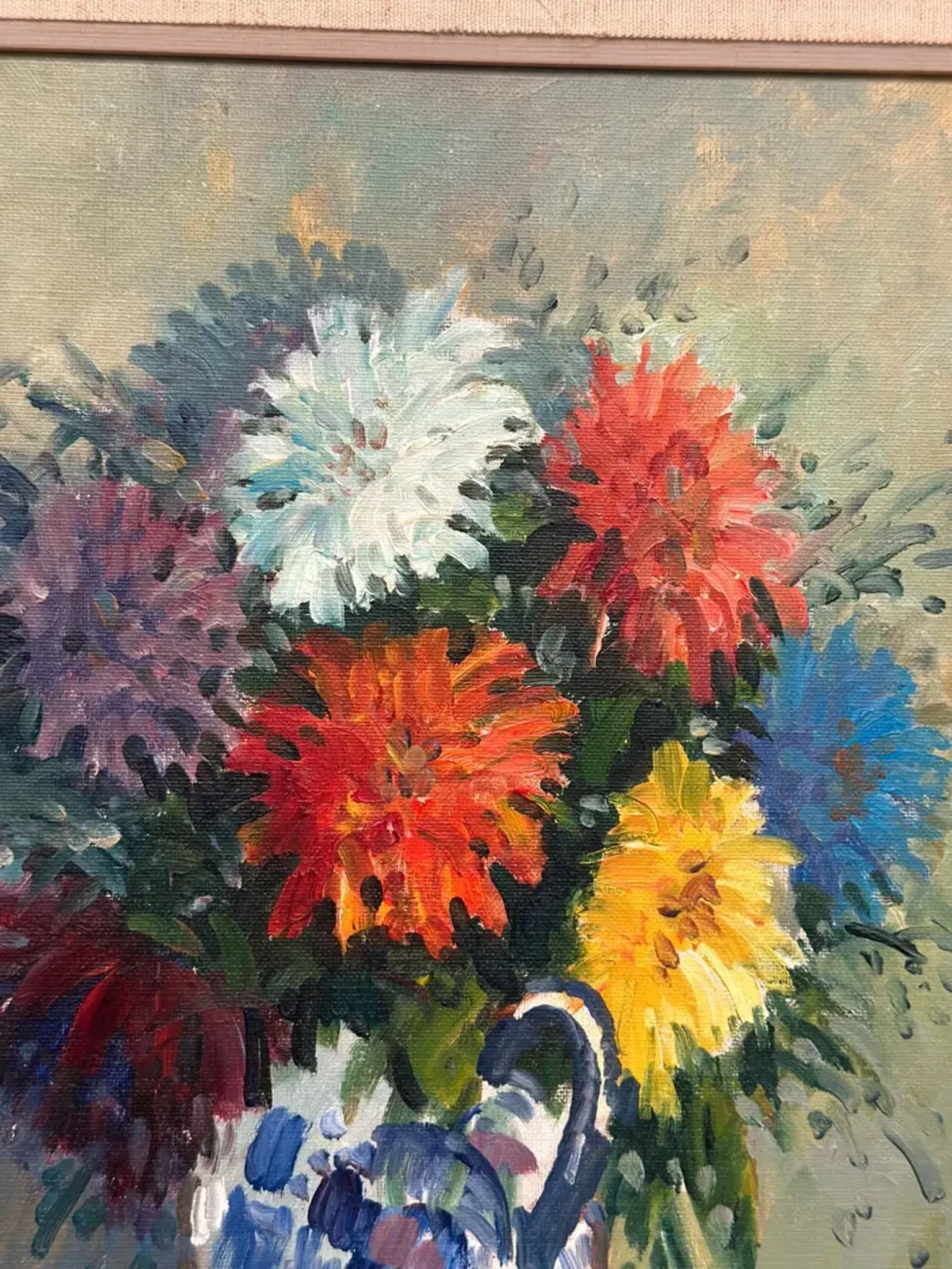 Original Swedish Oil on Canvas – “Asters in a Ceramic Vase” by Eric Lundgren – Signed – Vintage and Framed – 60 × 54 cm (23.6" × 21.3")