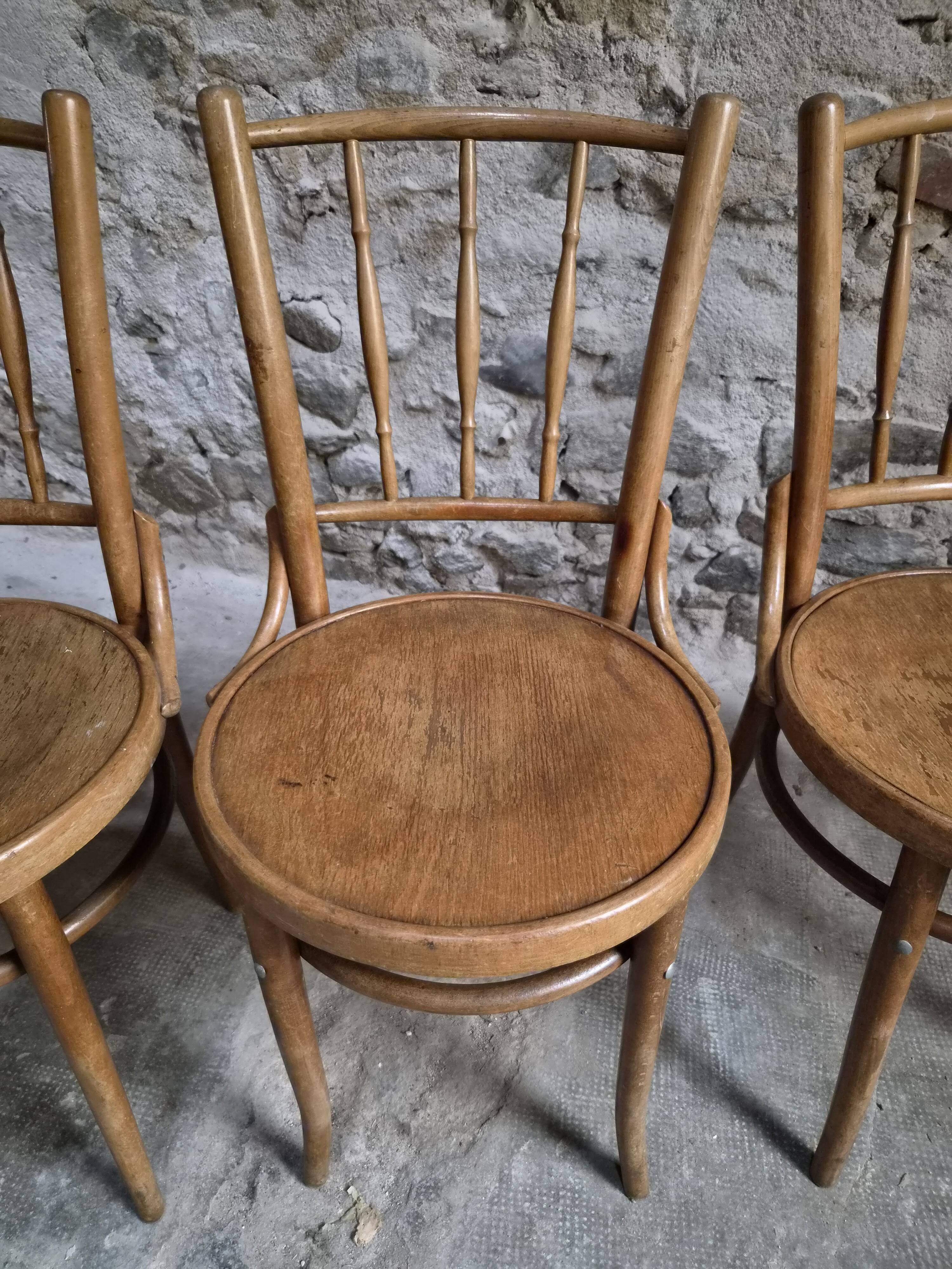 Set of 4 Fischel bentwood bistro chairs, Czechoslovakia, circa 1930–1950.
