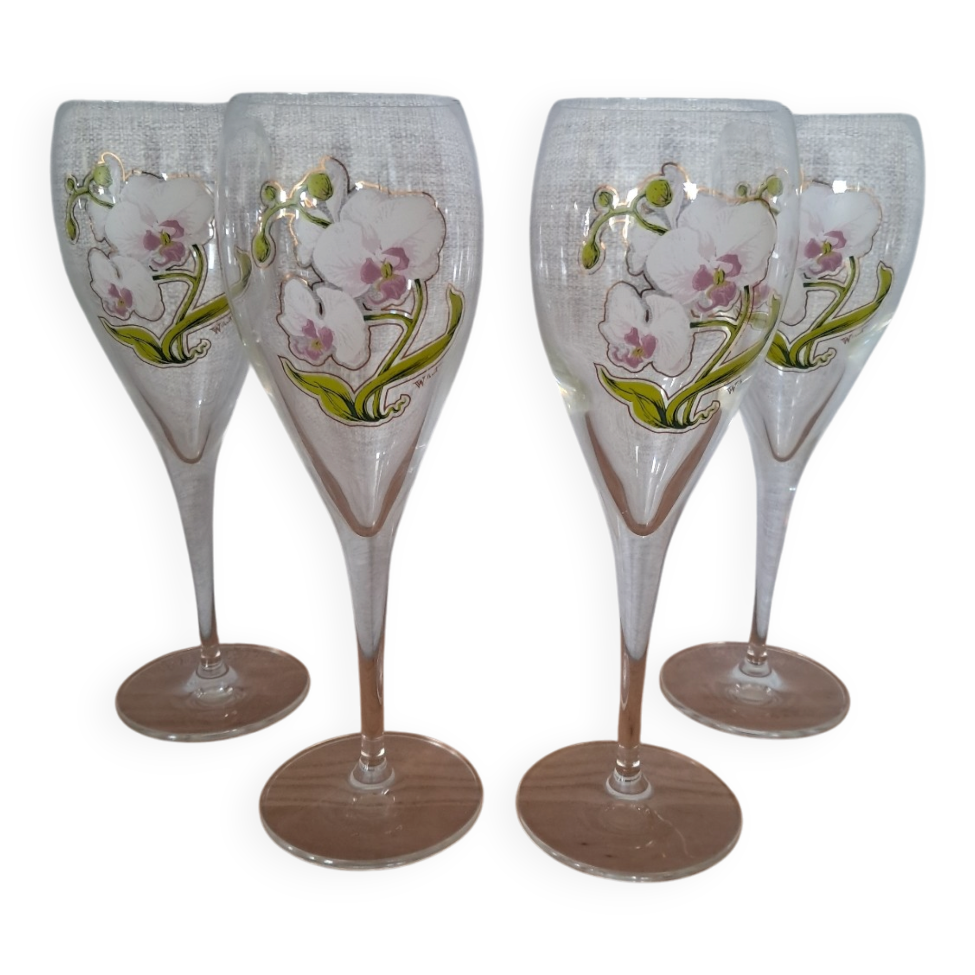 4 beautiful Belle Époque champagne flutes by Perrier Jouët