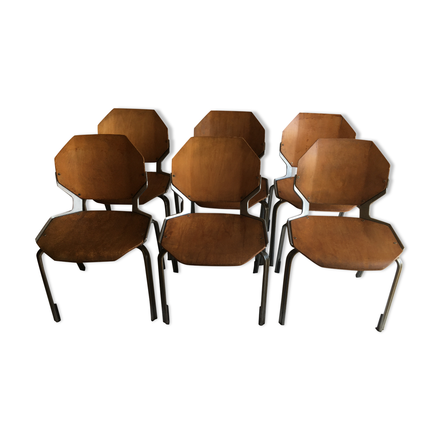 industrial chairs in brushed aluminum and wood year 80
